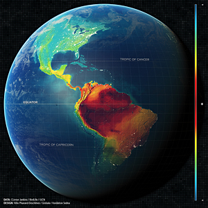 A global view showing combined species richness of amphibians, birds and mammals in the Americas. The species diversity layer is overlain on topography, superimposed by major cities in white. Data from Clinton Jenkins, BirdLife and IUCN. Illustration design by Félix Pharand-Deschênes (Globaïa).