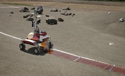 The K10 rover on NASA's Roverscape in California. The robot has just been manipulated by an astronaut in space to roll out an antenna film that CU-Boulder researchers would like to deploy on the far side of the moon. Photo courtesy Jack Burns