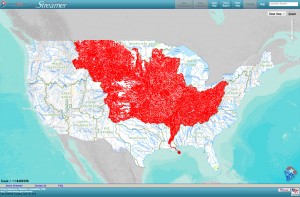 Map made by Streamer tracing upstream from the Mississippi River near New Orleans, Louisiana, highlighting more than 7,000 large streams that drain to the Gulf of Mexico. Image credit: U.S. Geological Survey (Click image to enlarge)