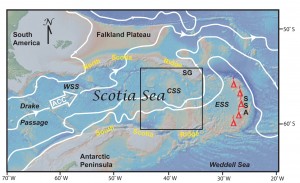 Physiographic map of the present-day Scotia Sea, Drake Passage and adjacent land masses. The white arrows show the present path of the several branches of the deep Antarctic Circumpolar Current (ACC) centered on its core. The area of study in the central Scotia Sea (CSS) is shown by the black box to the south of South Georgia island (SG). The volcano symbols mark the active South Sandwich volcanic arc (SSA). (WSS = western Scotia Sea; ESS = eastern Scotia Sea). Image credit: The University of Texas at Austin (Click image to enlarge)