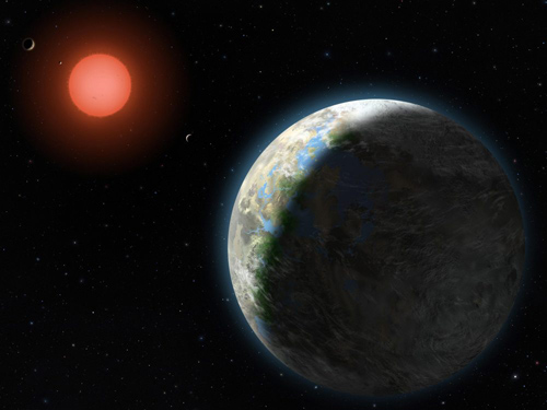 A planet with clouds and surface water orbits a red dwarf star in this artist’s conception of the Gliese 581 star system. New findings from the University of Chicago and Northwestern University show that planets orbiting red dwarf stars are more likely to be habitable than previously believed. Illustration by Lynette Cook