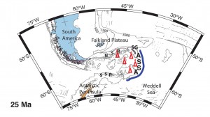Reconstruction of the Scotia Sea area 25 million years ago, showing volcanoes of the ancestral South Sandwich arc (ASSA). They are now submerged, but were active at that time and possibly emergent. They may have blocked the onset of the Antarctic Circumpolar Current. (NSR = North Scotia Ridge; SSR = South Scotia Ridge; SG = South Georgia island). Image credit: The University of Texas at Austin (Click image to enlarge)