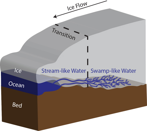 Figure showing the transition from swamp-like water to stream-like water beneath Thwaites Glacier, West Antarctica. Image credit: University of Texas Institute for Geophysics.