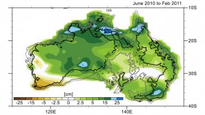 Changes in Australia's mass as reported by data from NASA's Gravity Recovery and Climate Experiment (GRACE) satellites from June 2010 to February 2011. Areas in greens and blues depict the greatest increases in mass, caused by excessive precipitation. The contour lines represent various land surface elevations. A new study co-authored and co-funded by NASA finds extensive flooding in Australia, combined with the continent's soils and unique topography, were the biggest contributors to the drop in global sea level observed in 2010 and 2011. Image credit: NCAR/NASA/JPL-Caltech (Click image to enlarge)