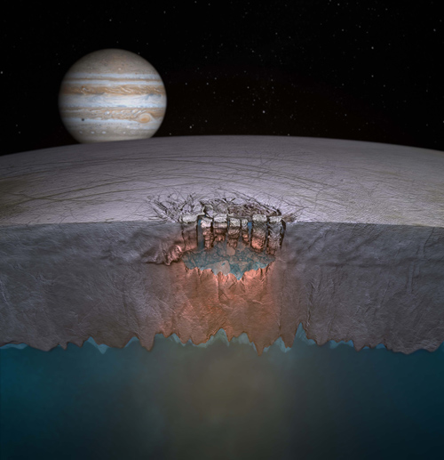 Europa's "Great Lake" discovered in 2011. Scientists speculate many more exist throughout the shallow regions of the moon's icy shell. Credit: Britney Schmidt/Dead Pixel VFX/Univ. of Texas at Austin.