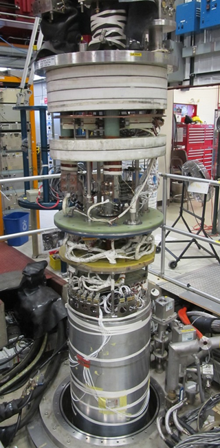 At Fermilab’s Vertical Magnet Test Facility, the new HQ02a quadrupole achieved all its challenging objectives. (Photo by Guram Chlachidze, Fermilab)