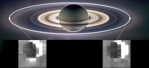 This set of images from NASA's Cassini mission shows how the gravitational pull of Saturn affects the amount of spray coming from jets at the active moon Enceladus. Enceladus has the most spray when it is farthest away from Saturn in its orbit (inset image on the left) and the least spray when it is closest to Saturn (inset image on the right). (Image credit: NASA/JPL)