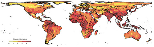 Researchers from Princeton University and the University of California-Berkeley suggest that more human conflict is a likely outcome of climate change. The researchers found that 1 standard-deviation shift — the amount of change from the local norm — in temperature and precipitation greatly increase the risk of personal violence and social upheaval. Climate-change models predict an average of 2 to 4 standard-deviation shifts in global climate conditions by 2050 (above), with 4 representing the greatest change in normal conditions. (Image by Science/AAAS)