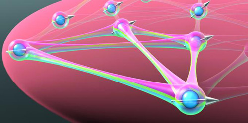 Artist’s conception of interactions among atoms in JILA’s strontium atomic clock during a quantum simulation experiment. The atoms appear to all interact (indicated by the connections), leading to correlations among the atoms’ spins (indicated by arrows), according to patterns JILA scientists found in collective spin measurements. The interacting atoms might be harnessed to simulate other quantum systems such as magnetic materials. Image credit: Ye group and Brad Baxley, JILA