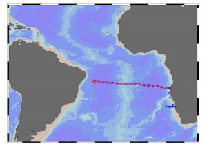 The map shows the location of the ocean section where the plume was detected, highlighted in red. (Figure by Abigail Noble, Woods Hole Oceanographic Institution) (Click image to enlarge)