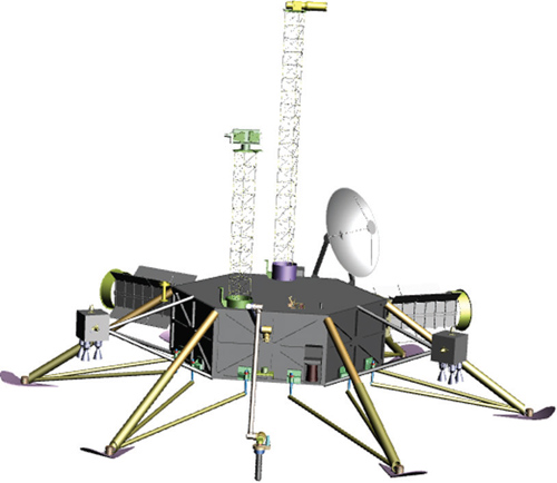 Depiction of the model Europa lander implementation. Descriptions of the model payload are provided in the 2012 NASA lander study (Image credit: Europa Study Team, 2012).