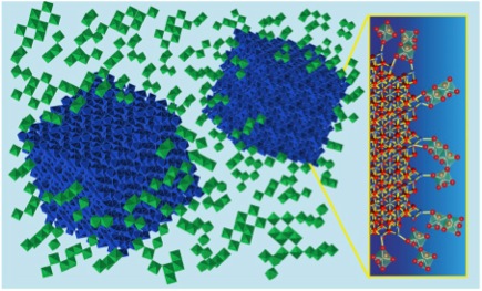 Nanocrystals of indium tin oxide (shown here in blue) embedded in a glassy matrix of niobium oxide (green) form a composite material that can switch between NIR-transmitting and NIR-blocking states with a small jolt of electricity. A synergistic interaction in the region where glassy matrix meets nanocrystal increases the potency of the electrochromic effect. Image credit: Berkeley Lab