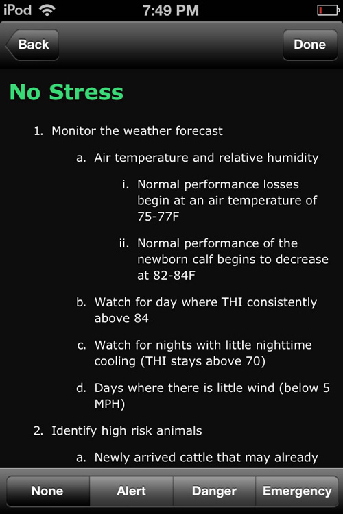 Screenshot of intervention suggestions. The app also recommends the best intervention strategy when an animal is at risk for heat stress. Image credit: University of Missouri