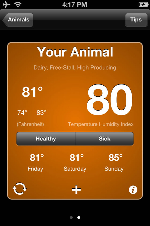 Screenshot of THI reading for an animal. The app calculates an animal's Temperature Humidity Index and changes color depending on an animal's severity of heat stress. Image credit: University of Missouri 