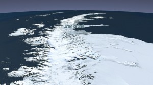 The Larsen B ice shelf began disintegrating around Jan. 31, 2002, and eventually collapsed into the Weddell Sea. University of Michigan researchers have devised a new model of iceberg calving that can mirror this event. Image credit: NASA (Click image to enlarge)