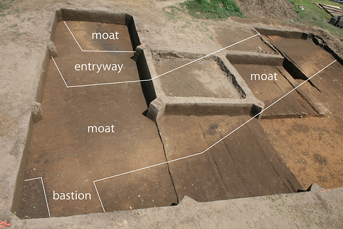 Spanish moat, corner bastion, and entryway revealed, looking north. Image courtesy of the Exploring Joara Project