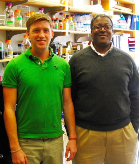 Graduate student Corey Compton, left, and Jason Sello synthesized 14 β-lactones. Four of them killed a close relative of the TB bacterium. β-lactone 7 was the most potent. Image credit: Brown University 