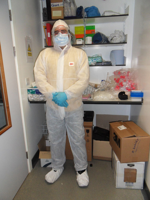 David Penney in Forensic Suit. Image credit: University of Manchester 