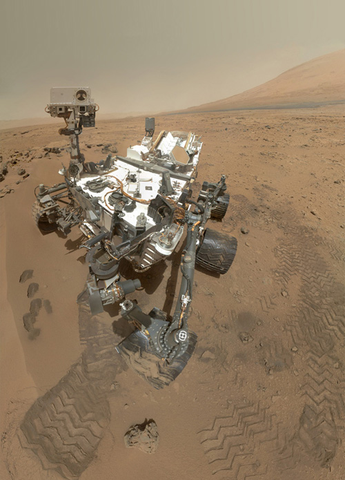 On Sol 84 (Oct. 31, 2012), NASA's Curiosity rover used the Mars Hand Lens Imager (MAHLI) to capture this set of 55 high-resolution images, which were stitched together to create this full-color self-portrait. Image credit: NASA/JPL-Caltech/Malin Space Science Systems