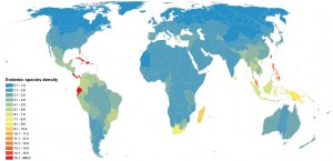 Red sections have more endemic species density. Image credit: North Carolina State University (Click image to enlarge)