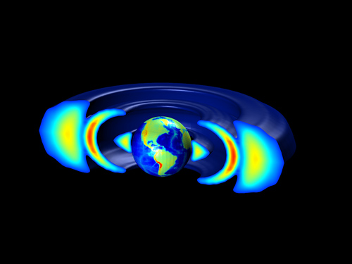 Ring formation between belts. Model showing third radiation ring (red). Recent observations by NASA's Van Allen Probes mission showed an event in which three radiation zones were observed at extremely high energies, including an unusual medium narrow ring (red) that existed for approximately four weeks. The modeling results, displayed in this illustration, revealed that for particles at these high energies, different physical processes are responsible for the acceleration and loss of electrons in the radiation belts, which explains the formation of the unusual long-lived ring between the belts. The discovery will help protect satellites form the harmful radiation in space, UCLA scientists report. (Image credit: Yuri Shprits, Adam Kellerman, Dmitri Subbotin/UCLA)