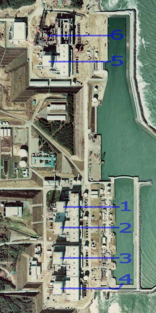 Fukushima I Nuclear Power Plant. Medium crop showing reactors labeled 1 to 5 and site for reactor 6. North is up. Image credit: "National Land Image Information (Color Aerial Photographs), Ministry of Land, Infrastructure, Transport and Tourism", Japan.