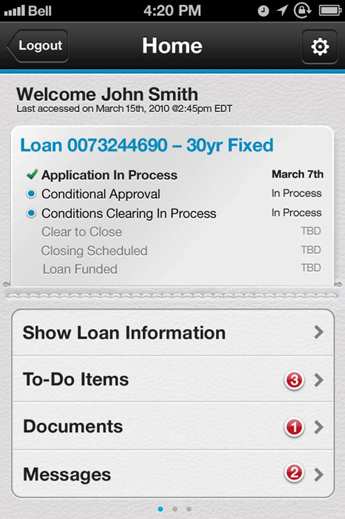 Screen shot of the mobile application transposed on a white iPhone background. The app is designed to allow borrowers to engage in real-time during every aspect of the mortgage loan application process: applying online, uploading documents, acting on inquiries and monitoring loan approval status - all from their smartphone or tablet device (Image courtesy IBM)