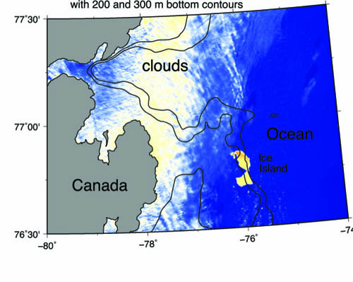 The two large 'ice cubes' appear in yellow at right in this figure, which is overlaid with contours of 200-meter and 300-meter bottom depth. Image courtesy Andreas Muenchow, University of Delaware