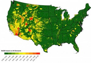 Nearly one in 10 U.S. watersheds is “stressed,” with demand for water exceeding natural supply, according to a new, CIRES-led analysis of surface water in the United States. This map shows all stressed watersheds in the continental United States (1999-2007), with color indicating increasing levels of stress, from light green to red. Map courtesy CIRES (Click image to enlarge) 