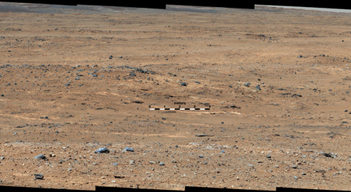 An outcrop visible as light-toned streaks in the lower center of this image has been chosen as a place for NASA's Mars rover Curiosity to study for a few days in September 2013. Image credit: NASA/JPL-Caltech/MSSS