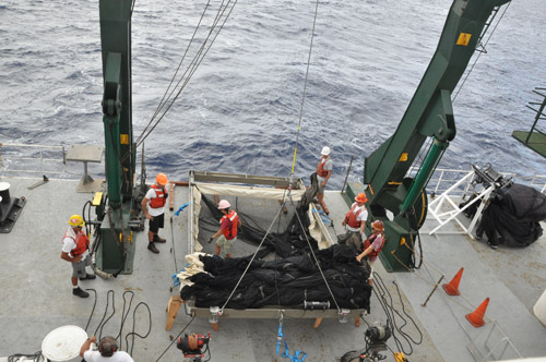 University of Hawaii researchers with a net used to collect nine species of marine fish that feed at different depths in a region near Hawaii called the North Pacific Subtropical Gyre. Image credit: C. Anela Choy