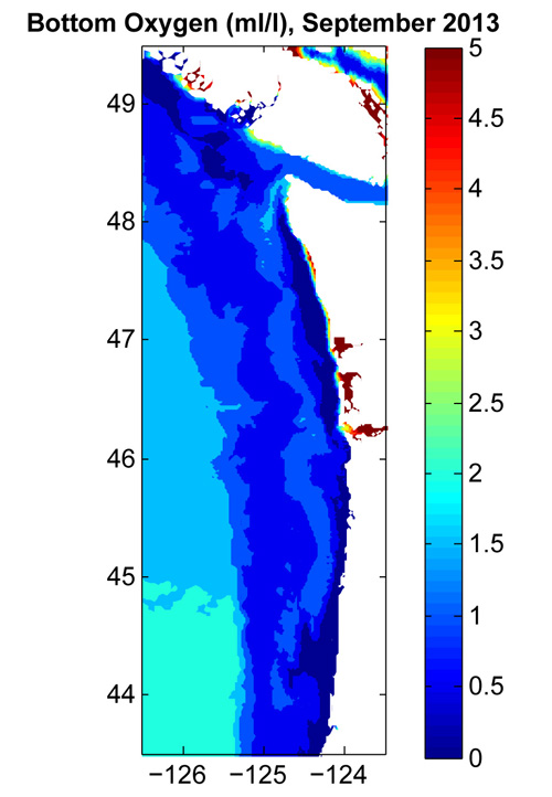 The tool forecast low oxygen at the ocean bottom in September. Image credit: S. Siedlecki, JISAO