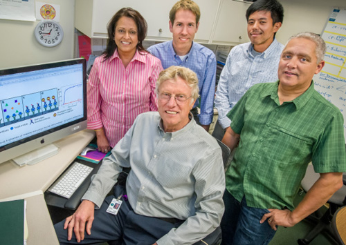 The team that helped create the biochip. From left to right: Sandhya Bhatnagar, Andy Wyrobek, Antoine Snijders, Brandon Mannion, and Matt Coleman. Image credit: Berkeley Lab