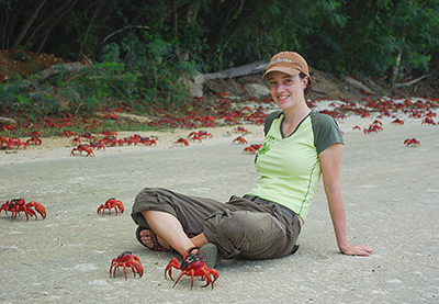 Allison Shaw (above), who conducted the work as a Princeton doctoral student in ecology and evolutionary biology, initiated the study while planning a trip to Christmas Island in 2009. She used global climate data to time her visit with the crabs' migration, but climate alone did not seem to predict crab movement. After reading more about climate change and migration, Shaw realized that her finding that climate generally influences migration via rainfall was valuable. Photo by Allison Shaw, Department of Ecology and Evolutionary Biology