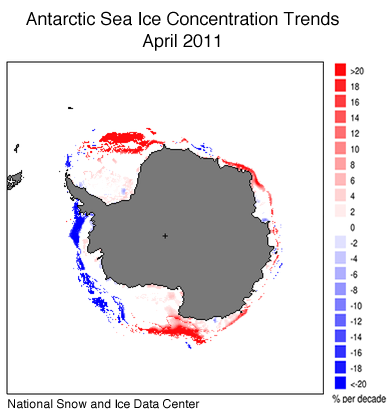 Antarctic sea ice concentration changes from 1981 to 2011. Image credit: U.S. National Snow and Ice Data Center