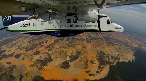 CAO: The Carnegie Airborne Observatory flies over the Madre De Dios region of Peru, where vast deforested and polluted areas result from gold mining. Image courtesy Carnegie Airborne Observatory