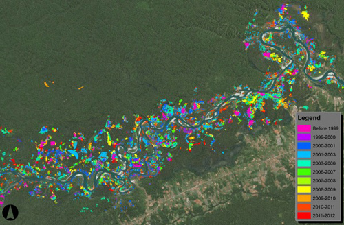 CLASlite: This CLASlite map shows the areas along the Madre De Dios river damaged by small, clandestine gold miners between 1999 and 2012. Image courtesy CLASlite Team