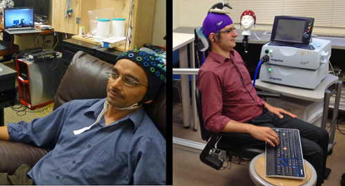 University of Washington researcher Rajesh Rao, left, plays a computer game with his mind. Across campus, researcher Andrea Stocco, right, wears a magnetic stimulation coil over the left motor cortex region of his brain. Stocco’s right index finger moved involuntarily to hit the “fire” button as part of the first human brain-to-brain interface demonstration. Image credit: University of Washington