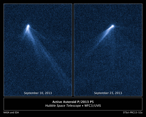 Asteroid spouts six comet-like tails. This NASA Hubble Space Telescope set of images reveals a never-before-seen set of six comet-like tails radiating from a body in the asteroid belt designated P/2013 P5. The asteroid was discovered as an unusually fuzzy looking object with the Panoramic Survey Telescope and Rapid Response System (Pan-STARRS) survey telescope in Hawaii. The multiple tails were discovered in Hubble images taken on September 10, 2013. When Hubble returned to the asteroid on Sept. 23, the asteroid's appearance had totally changed. It looked as if the entire structure had swung around. One interpretation is that the asteroid's rotation rate has been increased to the point where dust is falling off the surface and escaping into space where the pressure of sunlight sweeps out fingerlike tails. According to this theory, the asteroid's spin has been accelerated by the gentle push of sunlight. The object, estimated to be no more than 1,400 feet across, has ejected dust for at least five months based on analysis of the tail structure. These visible-light, false-color images were taken with Hubble's Wide Field Camera 3. Image credit: NASA, ESA, and David Jewitt/UCLA