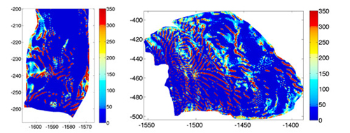 Researchers at Princeton University and the British Antarctic Survey used mathematical modeling and data from satellites and ground-penetrating radar to infer the existence of stripes or ribs (in red) indicating areas of high friction between the glacier and the underlying bedrock. These high-friction ribs slow the movement of ice toward the sea. The image on the left is the Pine Island Glacier and the image on the right is the Thwaites Glacier, both in West Antarctica. (Image courtesy of Olga Sergienko, Program in Atmospheric and Oceanic Sciences)