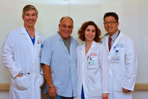 Marty Greenfield with UCLA doctors. Marty Greenfield (second from left) with members of the UCLA team at a follow-up visit a week after the patient’s procedure at Ronald Reagan UCLA Medical Center. From left to right: Dr. Jonathan Tobis, Greenfield, Dr. Rubine Gevorgyan and Dr. William Suh. Not pictured: Dr. Ali Nsair, another essential member of Greenfield's medical team. Image credit: University of California