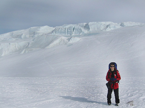 Olga Sergienko, an associate research scientist in the Program in Atmospheric and Oceanic Sciences, shown during a research expedition to the McMurdo Ice Shelf in Antarctica in winter 2006. (Photo courtesy of Olga Sergienko)