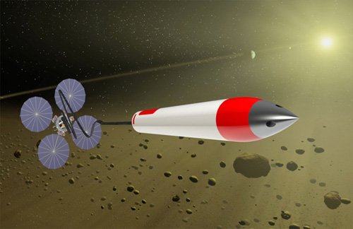 An artist’s conception shows a sampling rocket, with a tether linking a return capsule inside the rocket to a recovery craft. Image credit: Chad Truitt / UW