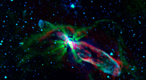Combined observations from NASA's Spitzer Space Telescope and the newly completed Atacama Large Millimeter/submillimeter Array (ALMA) in Chile have revealed the throes of stellar birth, as never before, in the well-studied object known as HH 46/47. Image credit: NASA/JPL-Caltech/ALMA