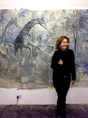Virginia Bradley with "A Zoological Airing," a work in progress. Image by Virginia Bradley