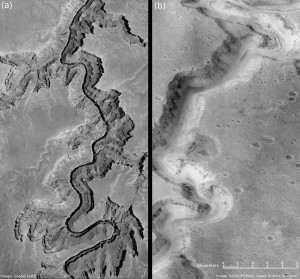 A river ran through it: A split panel comparing a section of Arizona’s Grand Canyon, left, with a section of Mars’ Nanedi Valles in the Lunae Palus quadrangle of Mars. The northern part of the image shows that a river once cut through it similar to the one flowing through the Grand Canyon. Image credit: NASA / JPL (Click image to enlarge)