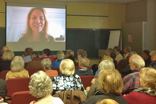 Joining the classroom by Skype on Nov. 5, author Alexandra Styron participates in a question-and-answer session with a literature class at UD's Lifelong Learning program in Lewes. Image credit: University of Delaware
