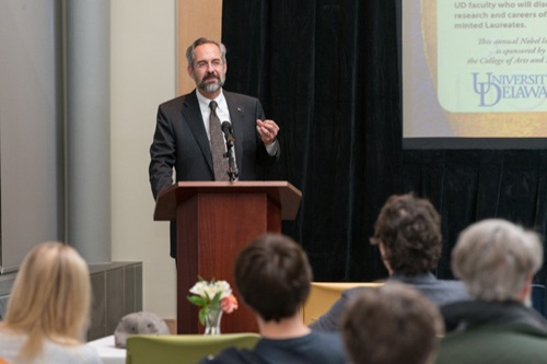 Doug Doren presents a Nobel symposium introduction. Photo by Evan Krape