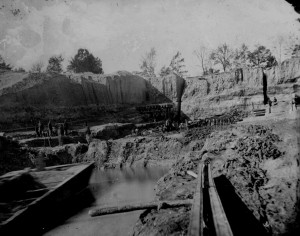 Union soldiers used trickery and force to compel freed slaves to dig a canal at Dutch Gap, VA in 1864. The freedmen's shovels exposed the fossil bed where North America's oldest known eudicot was found. Photo credit: Matthew Brady Collection, 1864, National Archives (Click image to enlarge)