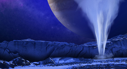 This is an artist's concept of a plume of water vapor thought to be ejected off the frigid, icy surface of the Jovian moon Europa, located about 500 million miles (800 million kilometers) from the sun. Image credit: NASA/ESA/K. Retherford/SWRI